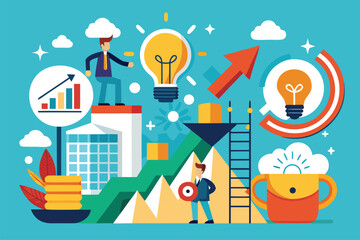 Creative business strategy and growth illustration showcasing teamwork and innovative ideas in a vibrant office environment during a collaborative meeting