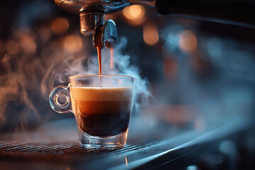 Steaming Espresso. A steaming espresso shot pours into a clear glass,