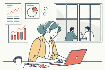 Working woman in a modern office using a laptop while monitoring data, with graphs and charts in the background and colleagues consulting by the window