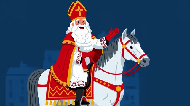 Sinterklaas riding on white horse through Dutch city. Saint Nicholas day in Netherlands, Belgium. Greeting card for holland holiday Celebration concept for children european party in day five december