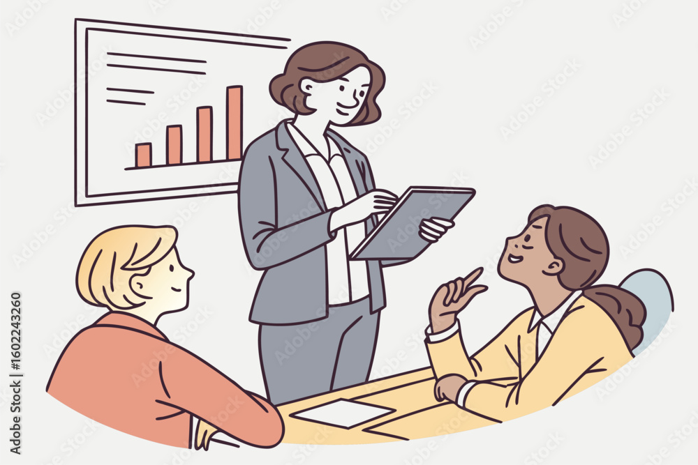 Poster business meeting with three professionals discussing strategies and analyzing data during a presenta