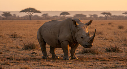 Fototapeta premium A majestic white rhinoceros stands in the golden African savanna at sunset, a symbol of wildlife conservation and the beauty of nature.