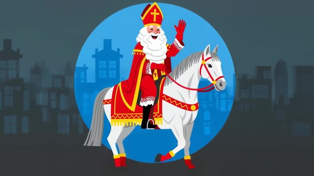Sinterklaas riding on white horse through Dutch city. Saint Nicholas day in Netherlands, Belgium. Greeting card for holland holiday Celebration concept for children european party in day five december