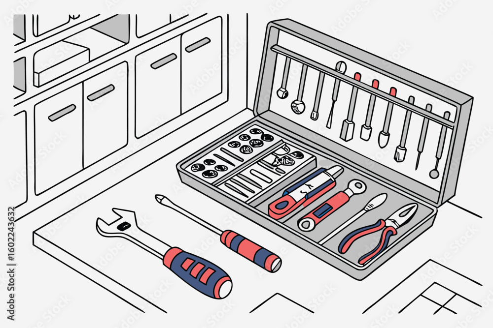 Poster toolbox open on a workbench displaying various hand tools and accessories arranged neatly for repair