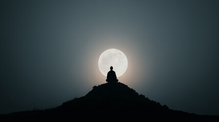 Man meditating alone on mountaintop during full moon