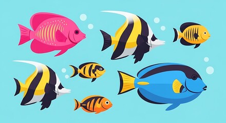 Colorful cartoon fish of various species swimming in a light blue aquatic environment.