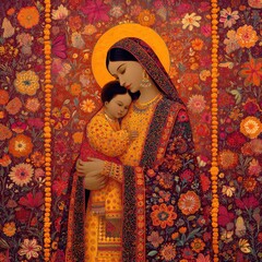 A Colorful Spiritual Illustration of Mary Holding