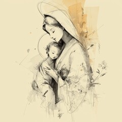 Delicate Ink-Inspired Sketch of Mary and Baby Jesus