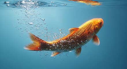 A vibrant orange koi fish swims gracefully underwater, surrounded by bubbles near the surface.