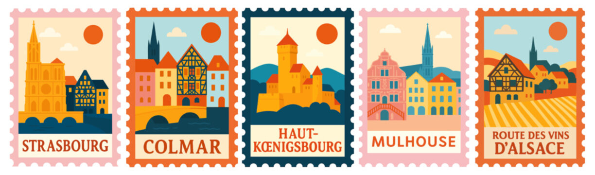 SET OF ALSACE FRENCH CITIES STAMPS ILLUSTRATION (ROUTE DES VINS, CHATEAU DU HAUT KOENIGSBOURG, COLMAR, STRASBOURG, MULHOUSE)