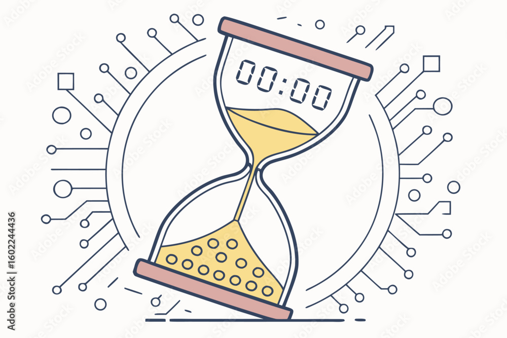 Poster sand timer displays zero time on digital background representing the countdown of technology and tim