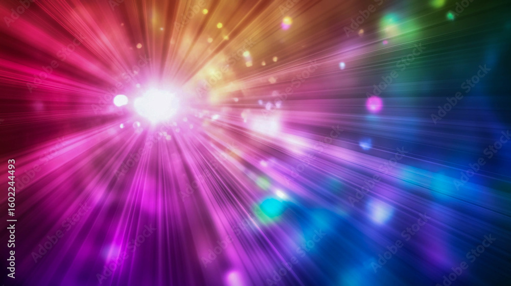 Poster bright colored rays coming from the center, creating a glowing effect. the colors range from red and