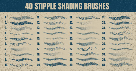 Ink scatter brush, stipple drawing and texturing. Fading gradient. Stippling, dotwork drawing, shading using dots. Halftone disintegration effect. White noise grainy texture. Vector illustration