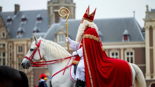 Sinterklaas riding on white horse through Dutch city. Saint Nicholas day in Netherlands, Belgium. Greeting card for holland holiday Celebration concept for children european party in day five december