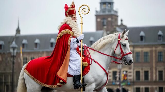Sinterklaas riding on white horse through Dutch city. Saint Nicholas day in Netherlands, Belgium. Greeting card for holland holiday Celebration concept for children european party in day five december