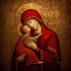 Sacred Icon of Theotokos Cradling Jesus