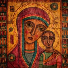 Sacred and Stylized Painting of Mary and Jesus