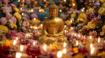 Fototapeta premium Golden Buddha statue surrounded by candles and flowers during Poya celebration