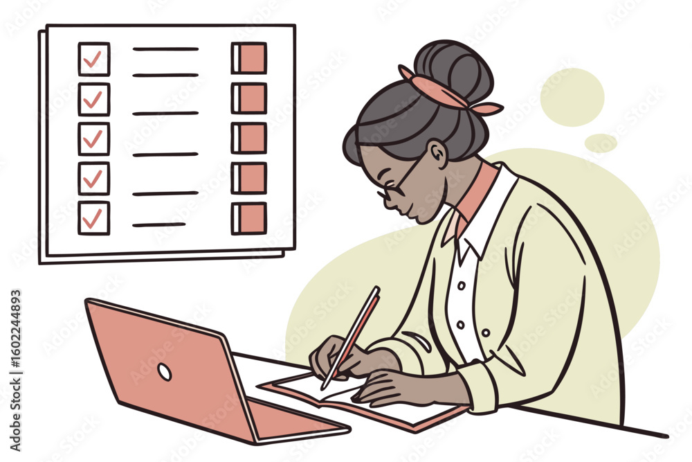 Poster woman working on a checklist while using a laptop in a bright workspace during the day