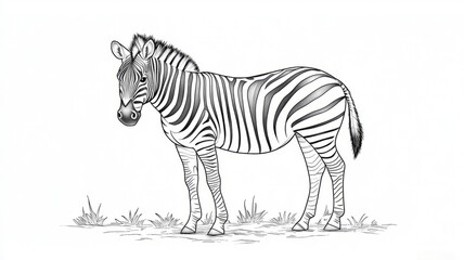 Obraz premium Illustrated zebra standing on grass, black and white sketch.