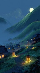 Tranquil Stylized Night Scene of Japanese Mountain