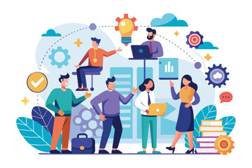 Team collaboration in a modern office setting with diverse professionals engaged in brainstorming and analysis activities