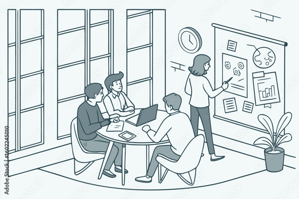 Poster group of professionals collaborating in an office setting during a meeting to discuss project ideas 