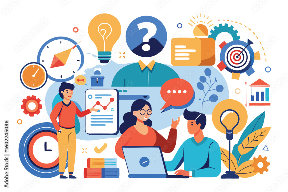 Poster creative collaboration in a modern office setting with diverse individuals sharing ideas and analyzi