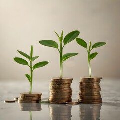 Stacked coins with growing plants symbolizing financial investment and sustainable business growth