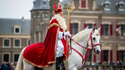 Sinterklaas riding on white horse through Dutch city. Saint Nicholas day in Netherlands, Belgium. Greeting card for holland holiday Celebration concept for children european party in day five december