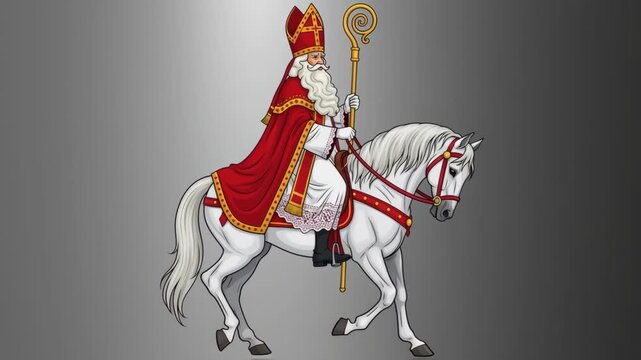 Sinterklaas riding on white horse through Dutch city. Saint Nicholas day in Netherlands, Belgium. Greeting card for holland holiday Celebration concept for children european party in day five december