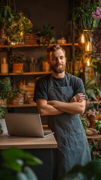 Thriving Florist Shop: A proud shop owner stands confidently amidst lush plants, a laptop suggesting an eco-conscious, service-oriented small business.
