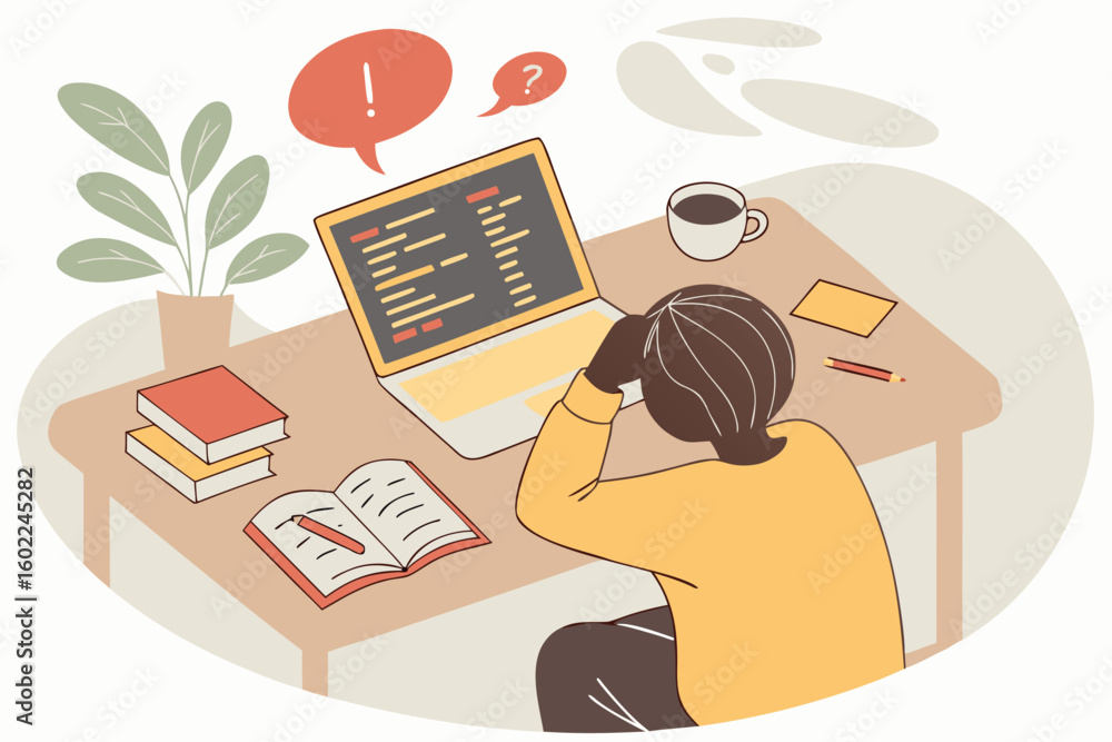 Poster student struggles with coding assignment at a desk surrounded by books, notes, and a coffee cup whil