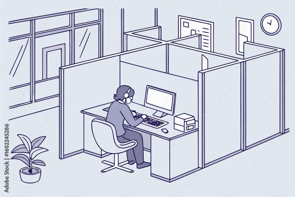 Poster office workspace with cubicle setup featuring a person using a computer for work during daytime