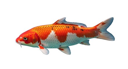 A vibrant orange and white koi fish swimming, isolated against a white background.