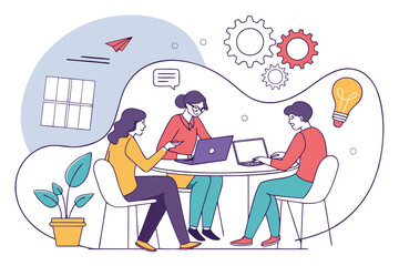 Creative teamwork among three individuals in a modern workspace with laptops, discussing ideas and problem-solving in a collaborative environment