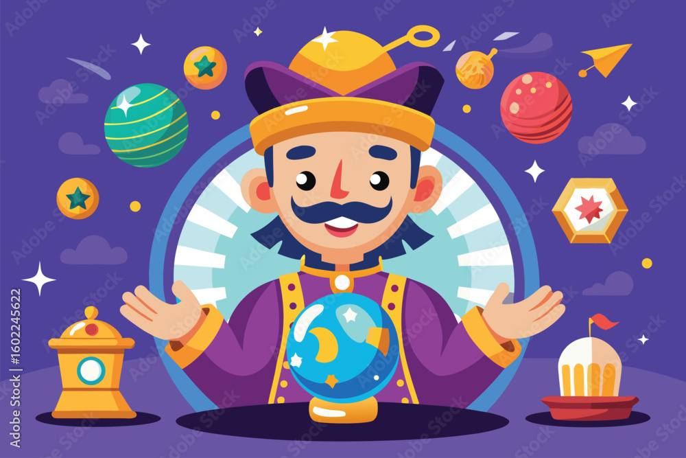Poster magician with a crystal ball performing tricks surrounded by colorful planets and magical objects in