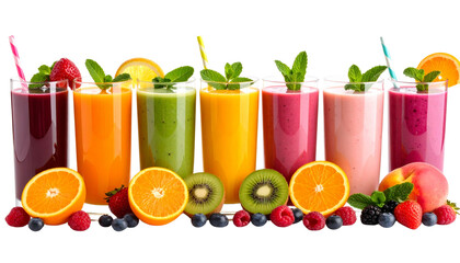 Colorful Variety of Fresh Fruit Smoothies with Natural Ingredients on a Clean White Background

