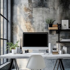 Minimalist workspace with computer, plants, and industrial-style wall