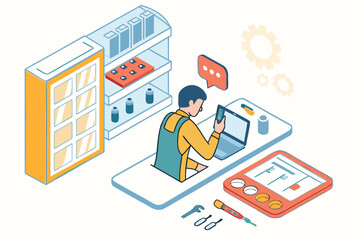 Worker engaging in remote communication while managing inventory and using tech tools in a modern workspace with shelves