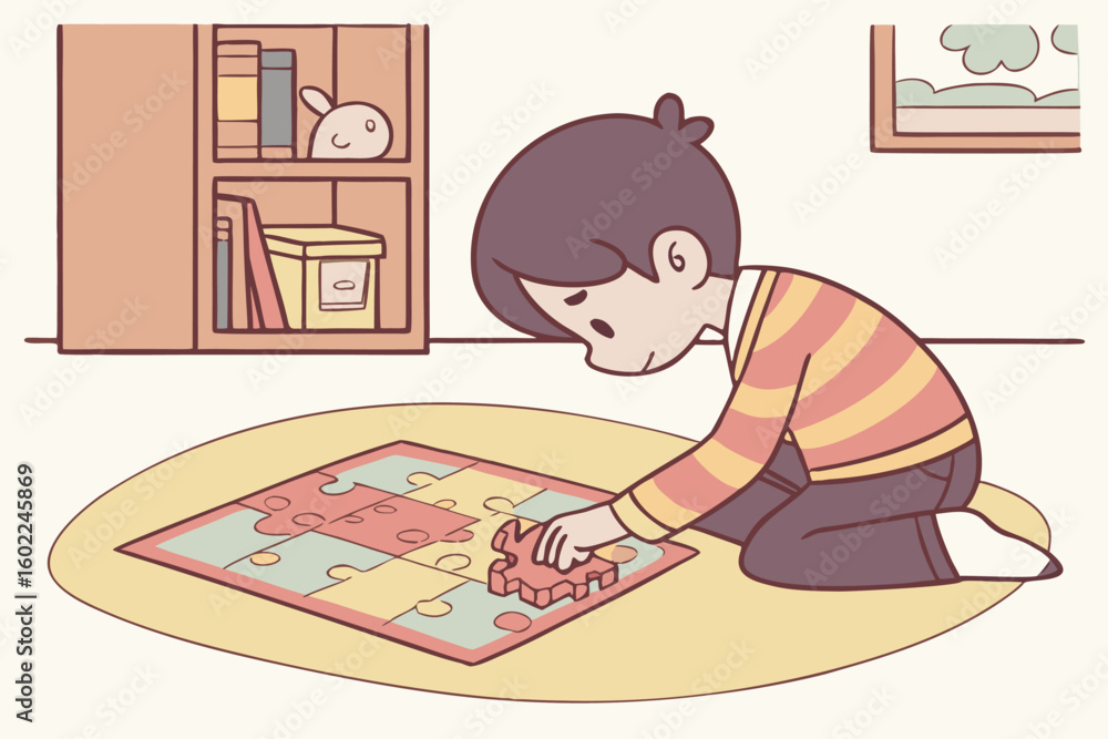 Poster child engages in puzzle activity on the floor while surrounded by toys and books in a cozy room fill
