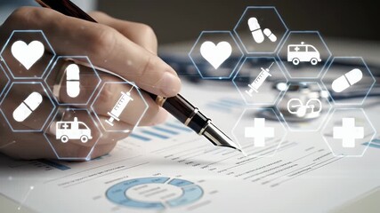 Close Up of Hand Holding Pen Over Medical Chart with Digital Health Icons Overlayed White Background - Powered by Adobe