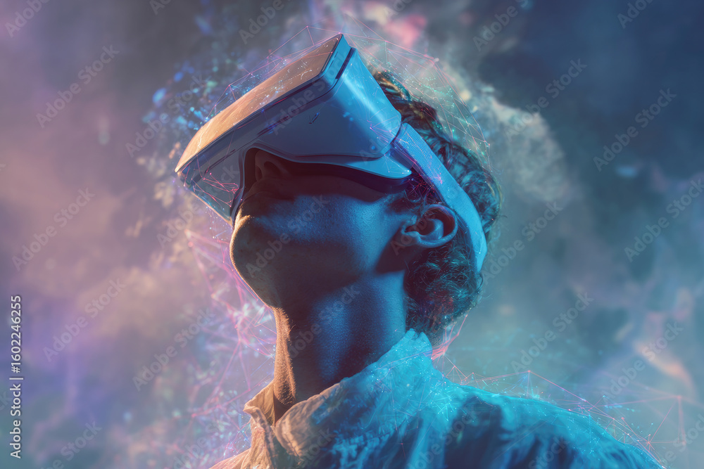 Poster virtual reality or augmented reality world simulation.