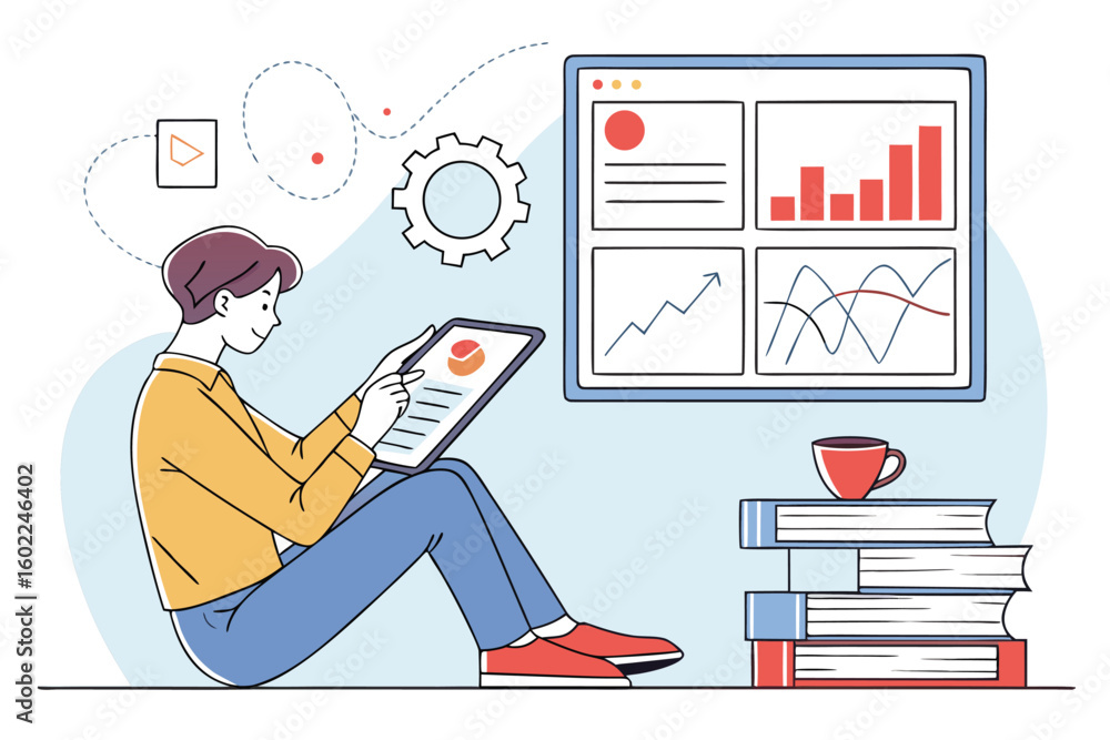 Aufkleber person using tablet to analyze data while seated beside a stack of books and a coffee cup in a moder