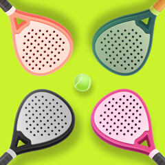 3D Set Colorfull Realistic Padel Racket with Ball Vector Illustration