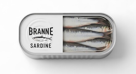 A top-down view of a tin can of sardines, showcasing the product's label and contents.