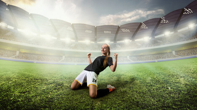 Female football player celebrating emotional victory on 3D field in stadium spotlight. Concept of summer sport, team competition, youth empowerment, event marketing, sportswear ads.