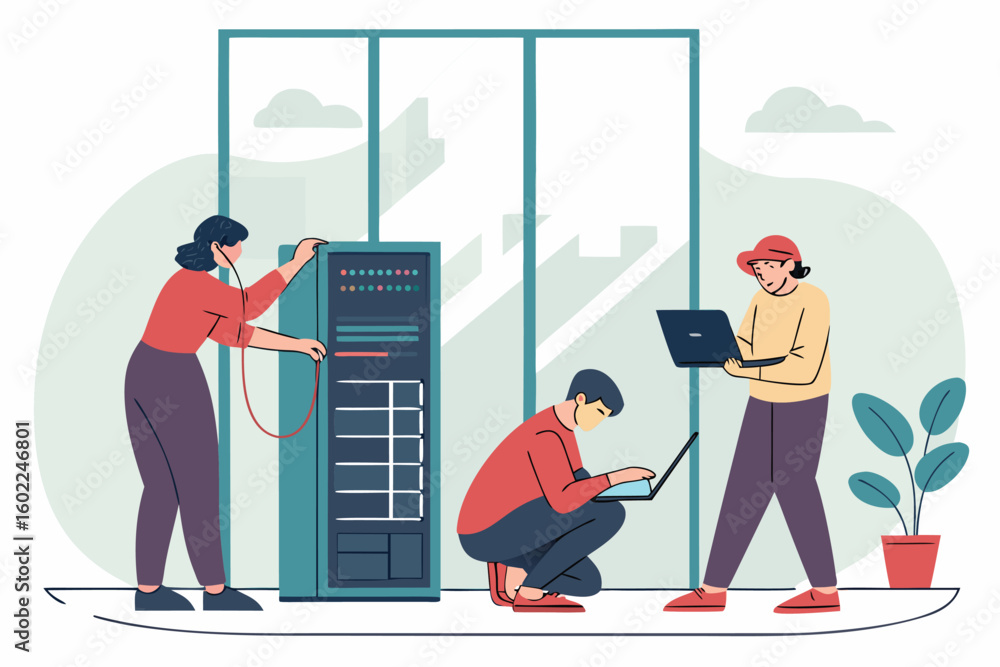 Poster group of people working on computer servers while collaborating in a modern office setting during da