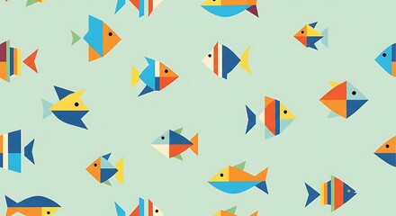 Geometric colorful fish pattern, repeating design, teal background, stylized aquatic life.