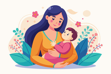 Mother lovingly cradles her baby in a colorful, serene garden setting with flowers and lush foliage